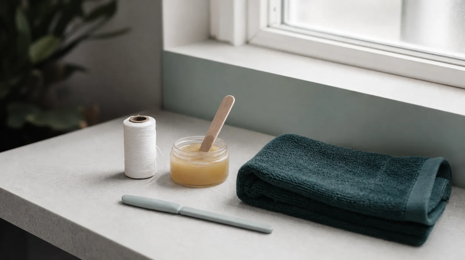 Illustration: cotton thread, a pot of hot wax and a covered facial blade on a counter, the tools of facial hair removal