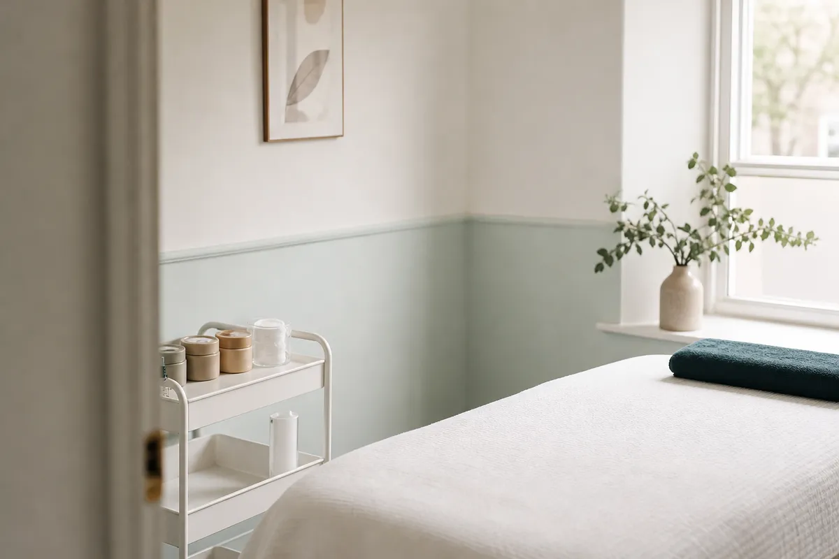 Illustration: a treatment room with a covered couch and a tray of wax pots