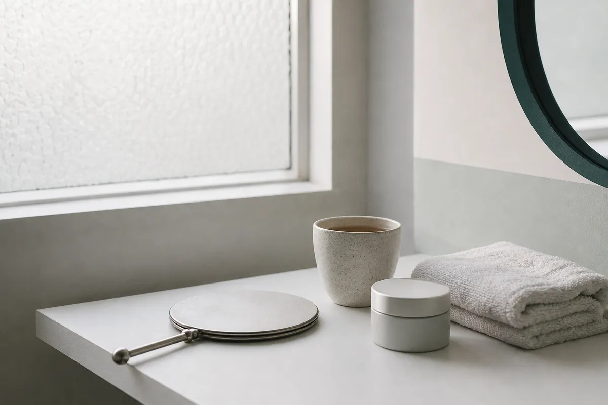 Illustration: a hand mirror, a cup of tea, a small jar and a folded towel on a bathroom shelf in soft morning light