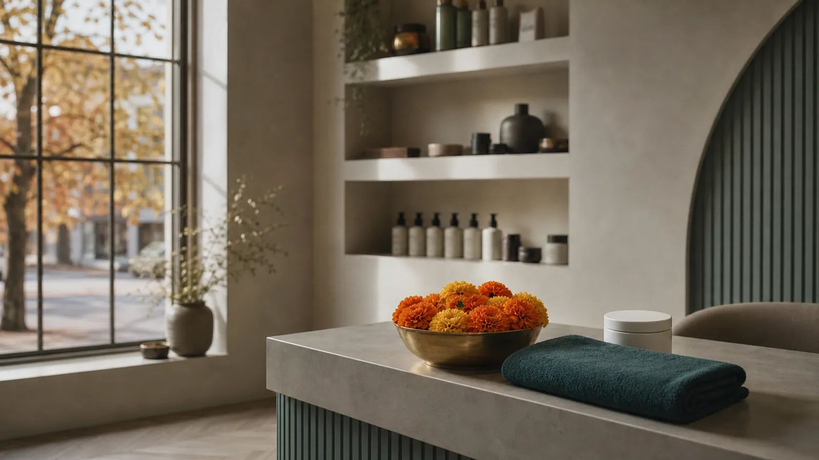 Illustration: a brass bowl of marigolds and a folded teal towel on a counter