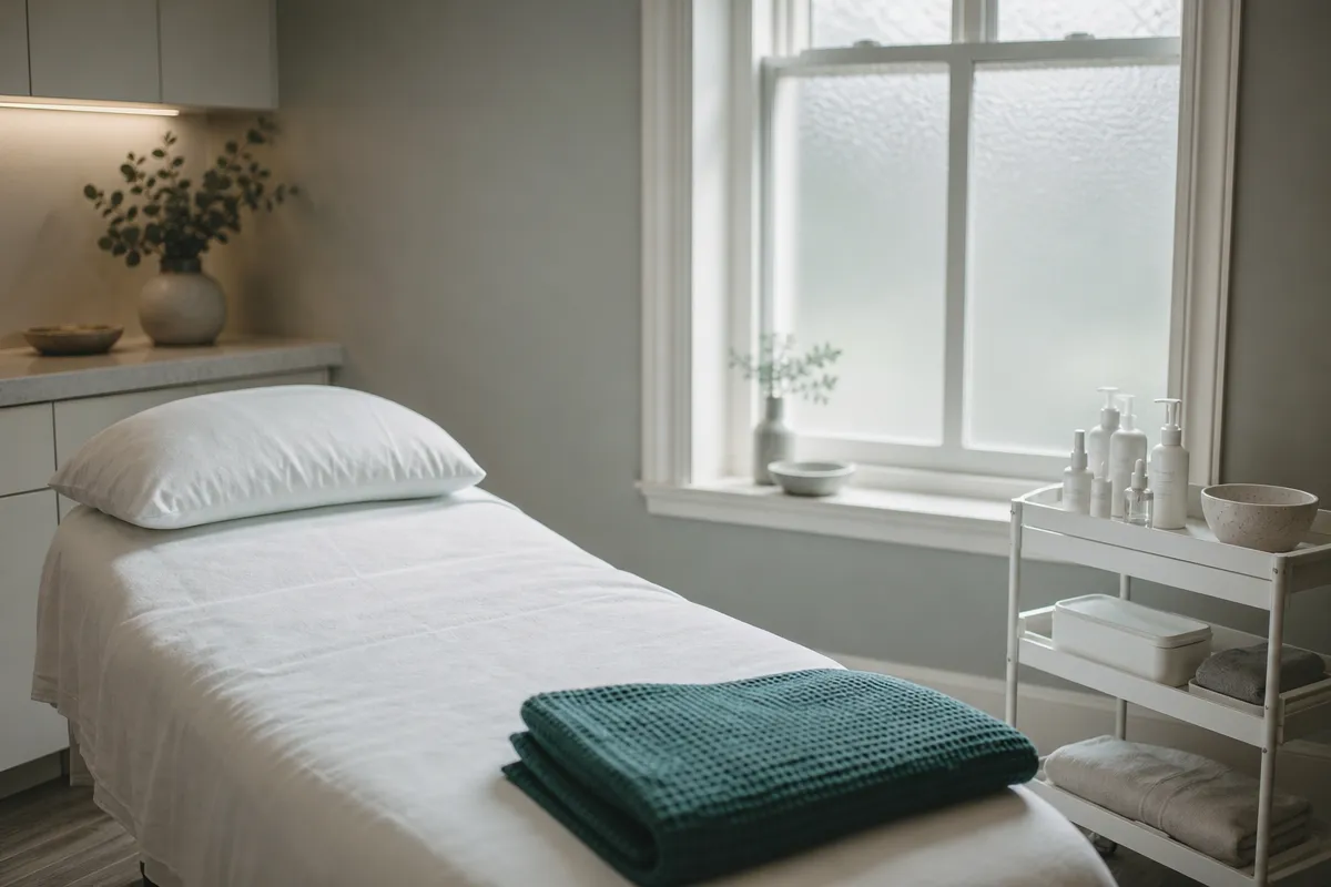 Illustration: a facial room with a made-up treatment bed, a folded teal towel and a small trolley of skincare bottles