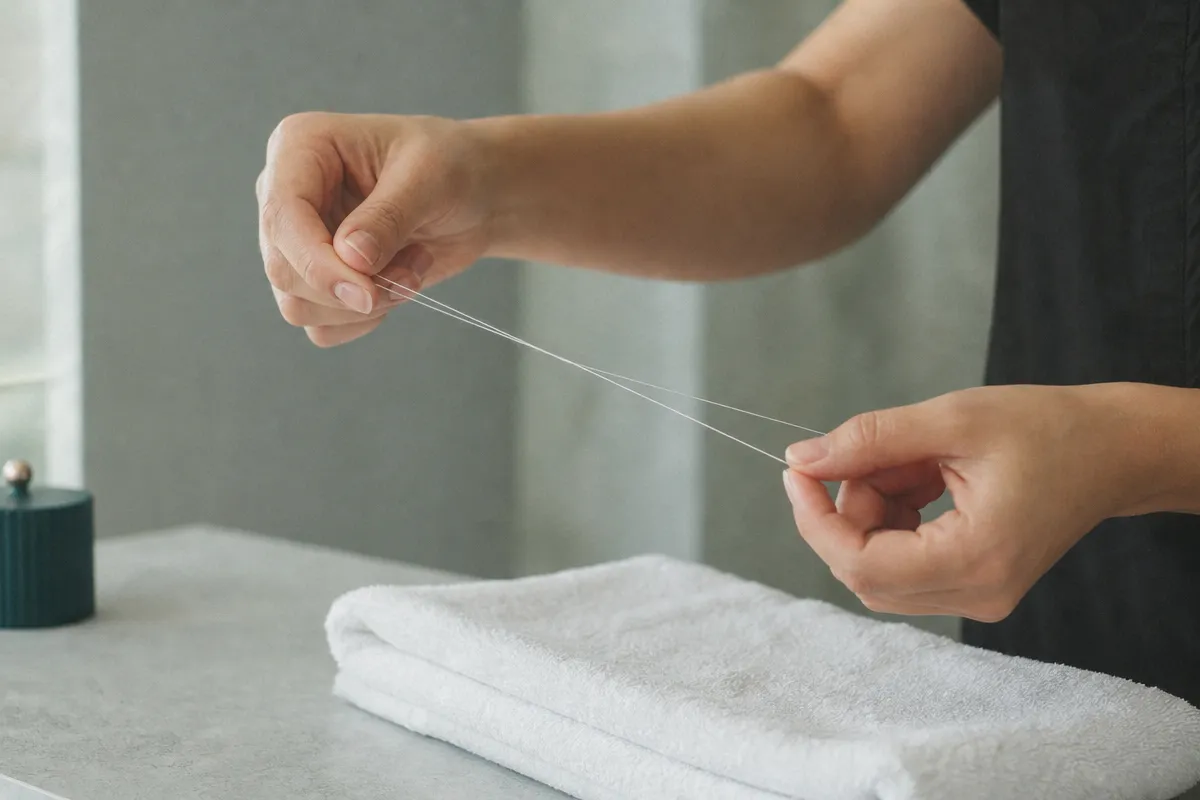 Illustration: hands holding a length of white cotton thread above a folded towel