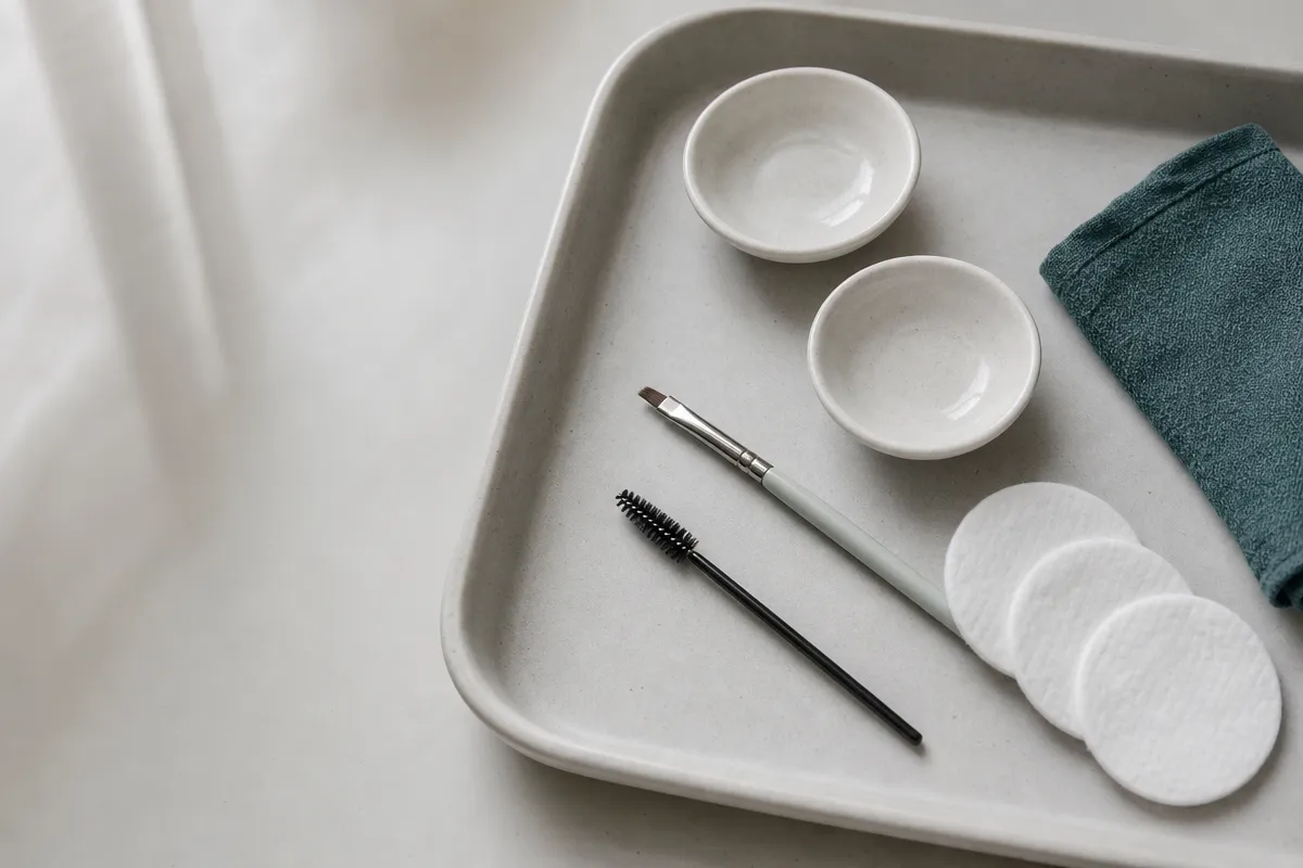 Illustration: a pale grey tray with two small mixing dishes, a fine angled brush, cotton pads and a folded teal cloth