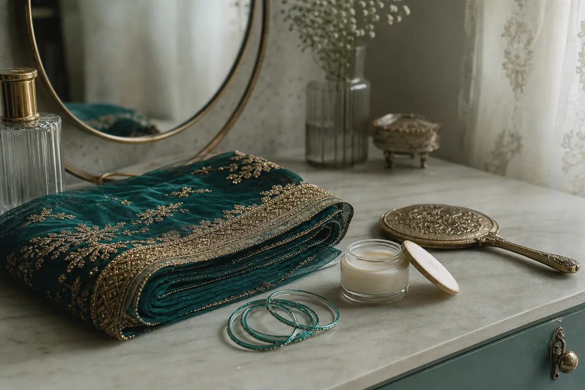 Illustration: a dressing table with a folded teal and gold dupatta, glass bangles and a small jar of moisturiser in morning light