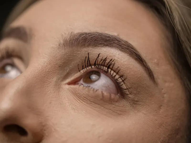 Close-up of a woman looking up, with curled natural lashes and a groomed brow
