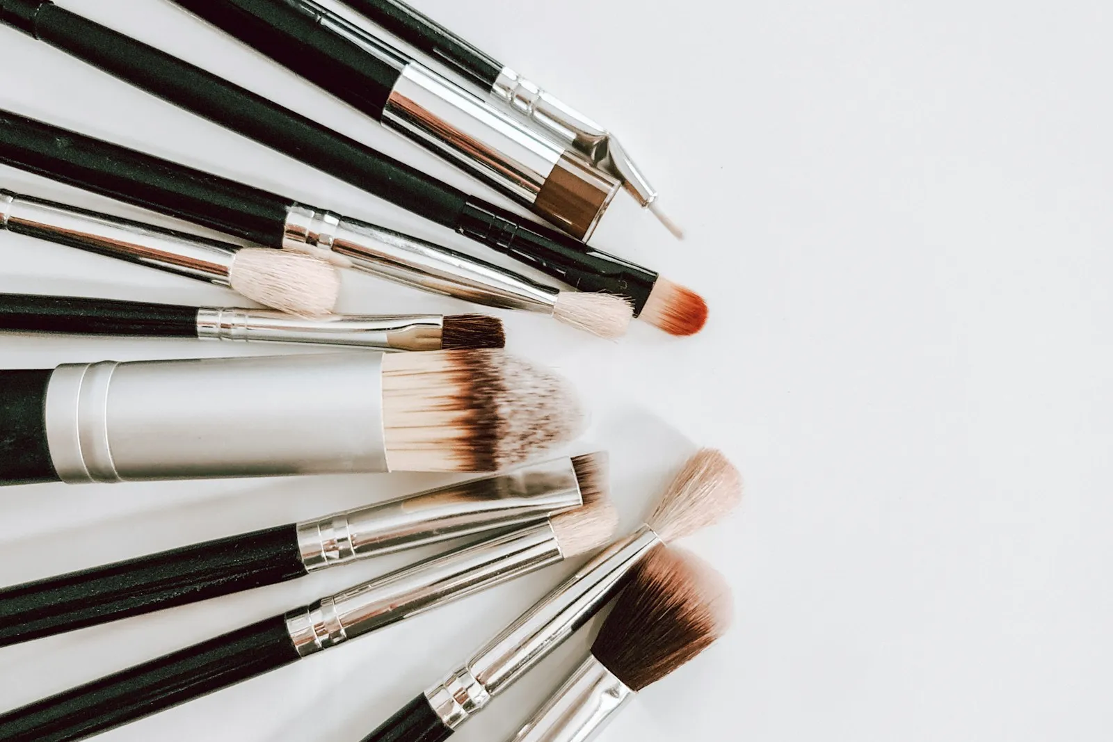 Fine brushes fanned out on white, the kind used for a lash lift and brow tint